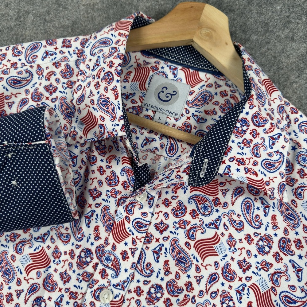 Kilburne And Finch Shirt Mens Large White USA Flag Paisley Patriotic Long Sleeve
